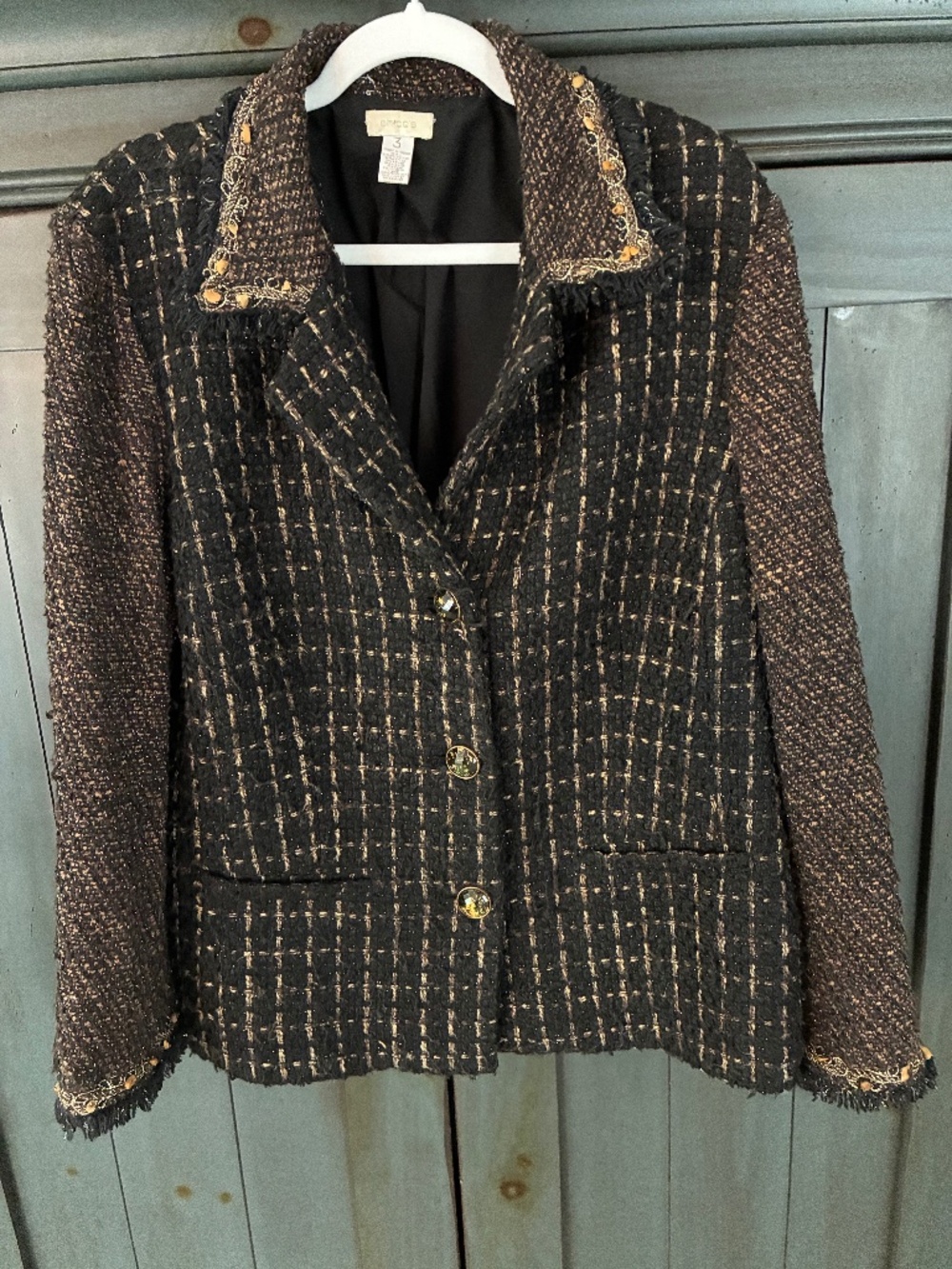 Striking Chico's Jacket in Beautiful Browns, Black and Gold & Trim.